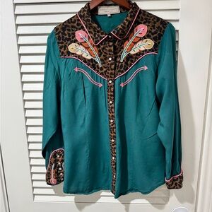 Double D Ranch Teal and Leopard Button Down Shirt